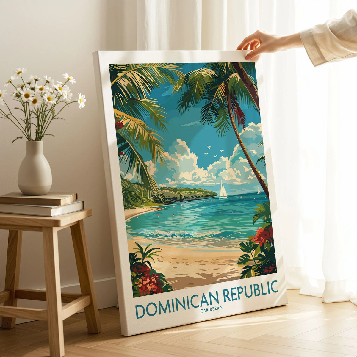 Dominican Republic Poster on stretched canvas with mirror-wrap edges, held by hand in a room setting
