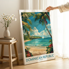 Dominican Republic Poster on stretched canvas with mirror-wrap edges, held by hand in a room setting