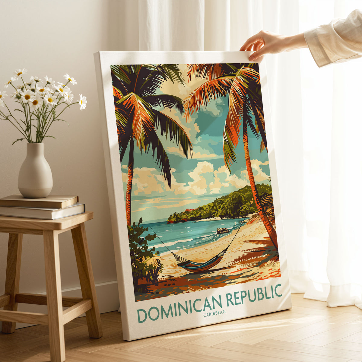 Dominican Republic Print on stretched canvas with mirror-wrap edges, held by hand in a room setting