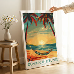 Dominican Republic Wall Art on stretched canvas with mirror-wrap edges, held by hand in a room setting