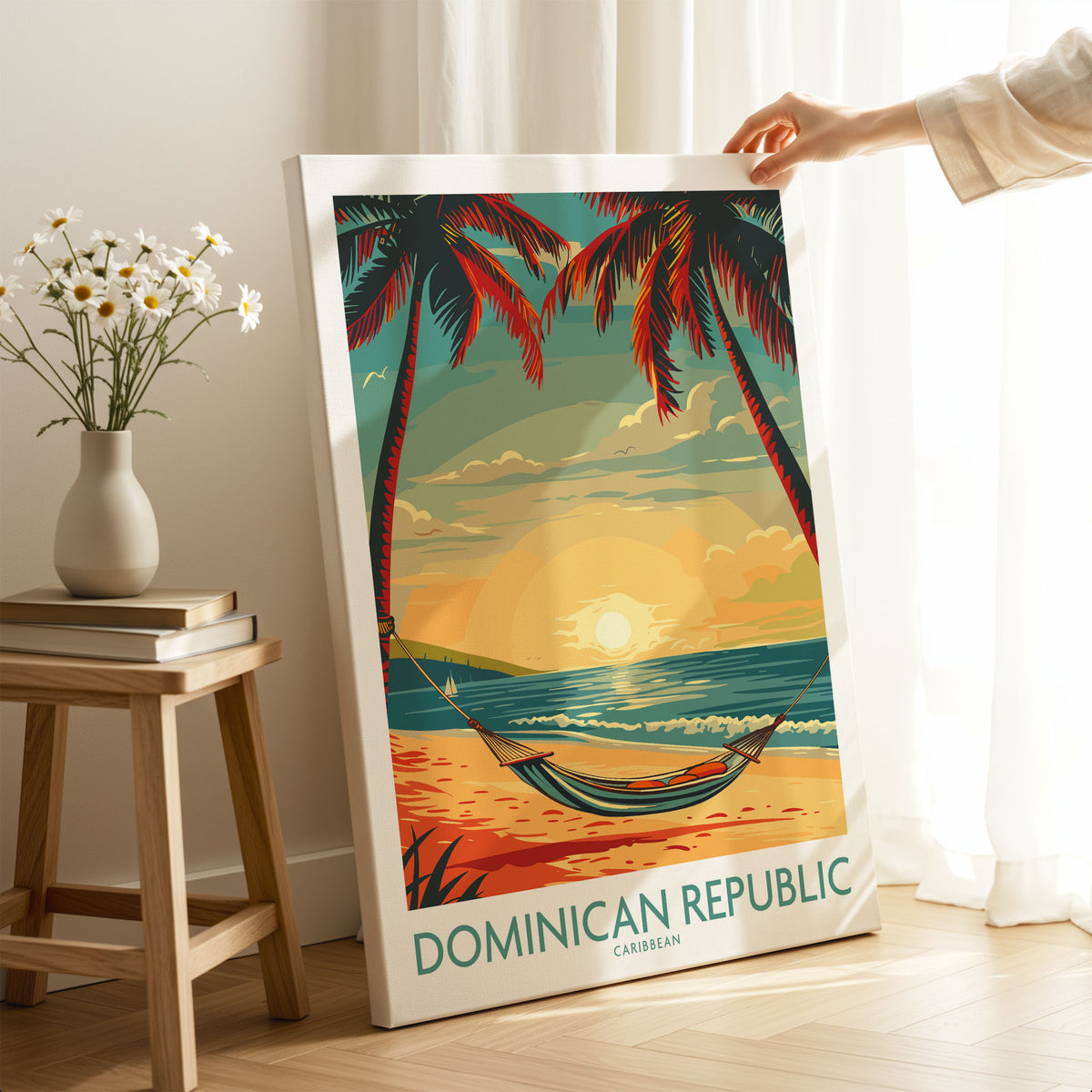 Dominican Republic Wall Art on stretched canvas with mirror-wrap edges, held by hand in a room setting