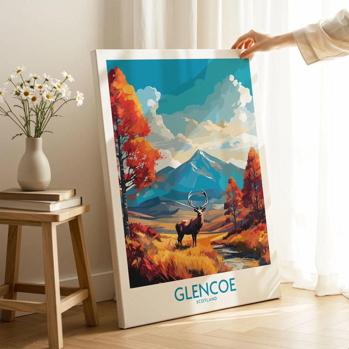 Glencoe Art Print Modern on stretched canvas with mirror-wrap edges, held by hand in a room setting