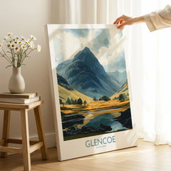 Glencoe Travel Poster on stretched canvas with mirror-wrap edges, held by hand in a room setting