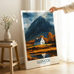 Glencoe Scotland Print on stretched canvas with mirror-wrap edges, held by hand in a room setting