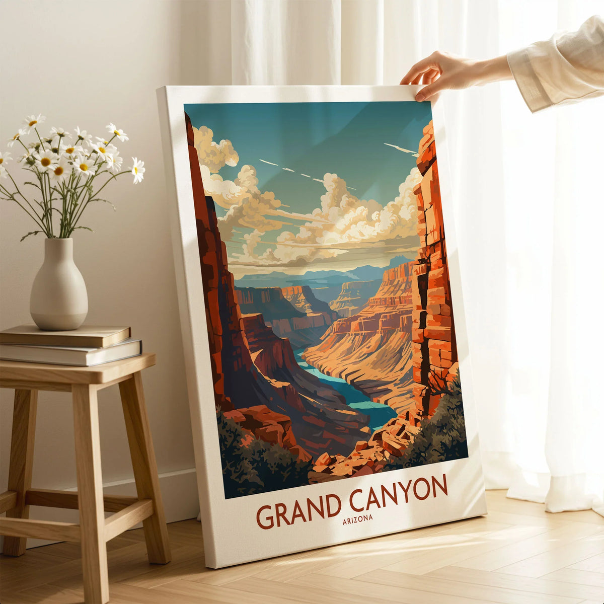 Grand Canyon Wall Art | Modern Style on stretched canvas with mirror-wrap edges, held by hand in a room setting