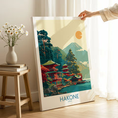 Hakone Japan Lake Ashi Temple Print - Japanese Pagoda Wall Art - Modern on stretched canvas with mirror-wrap edges, held by hand in a room setting