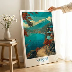 Hakone Japan Lakeside Temple Wall Art - Japanese Nature Travel Decor on stretched canvas with mirror-wrap edges, held by hand in a room setting