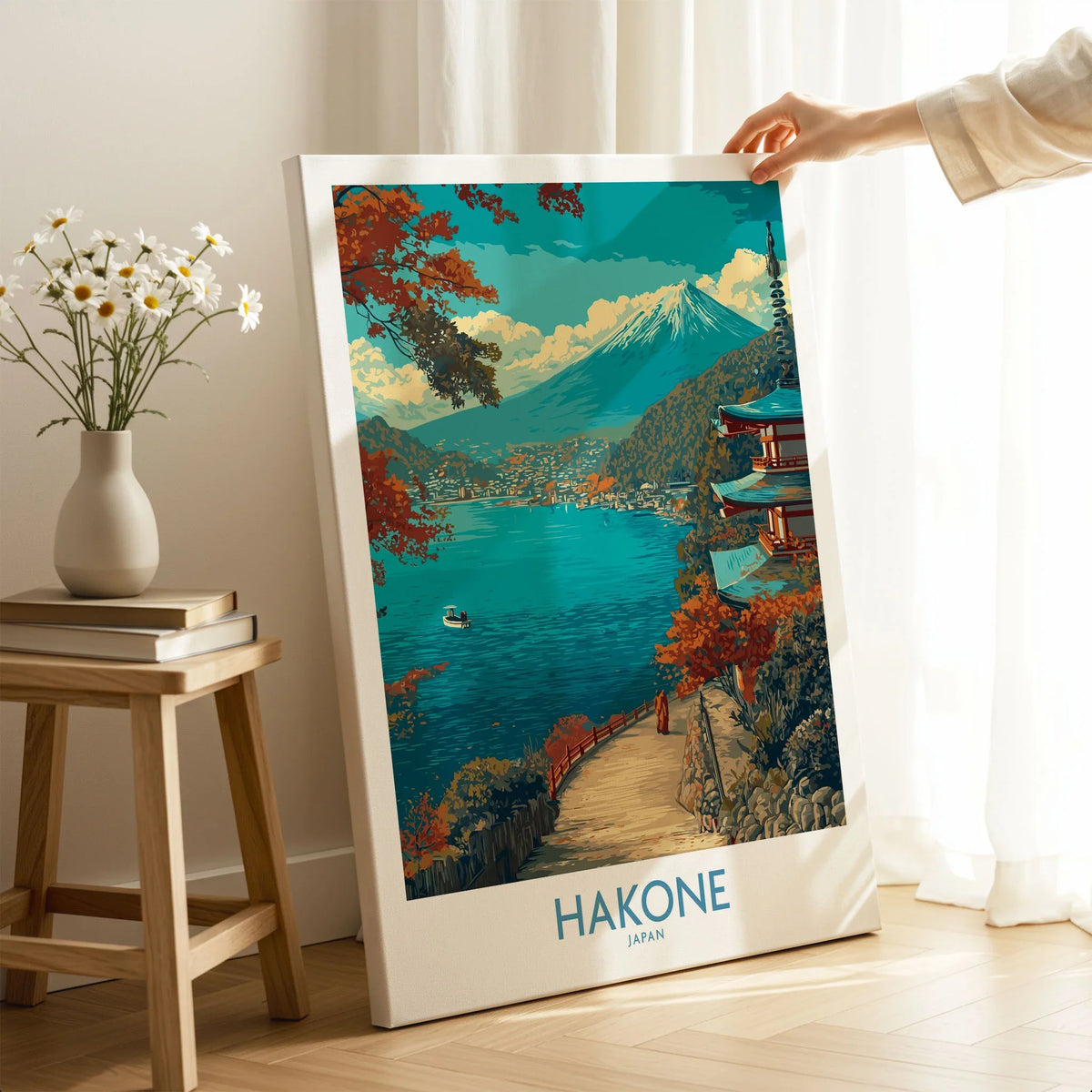 Hakone Japan Lakeside Temple Wall Art - Japanese Nature Travel Decor on stretched canvas with mirror-wrap edges, held by hand in a room setting
