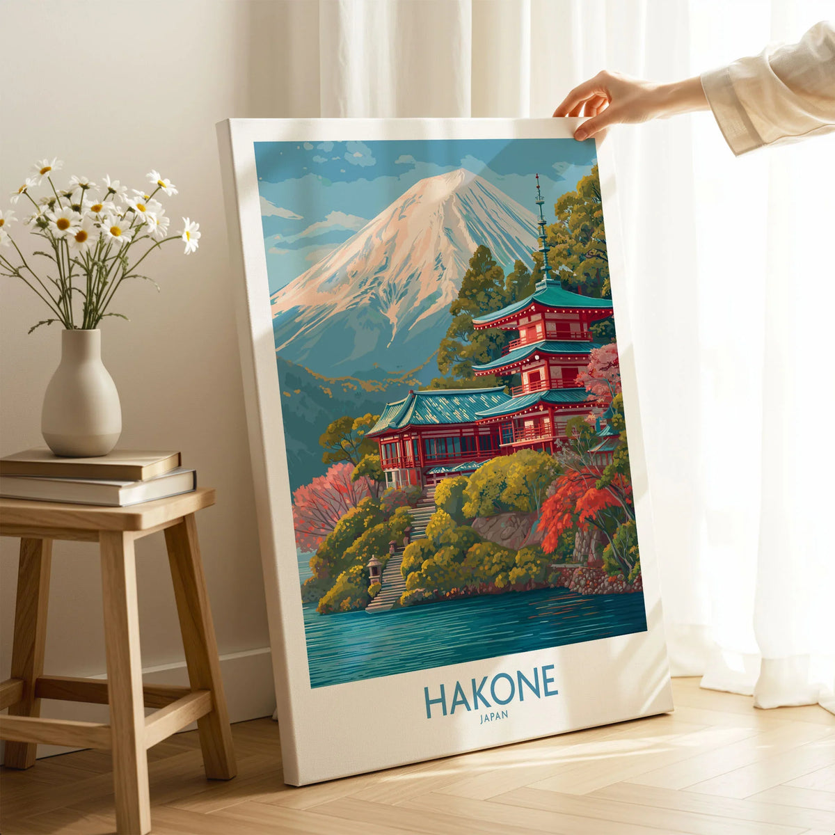 Hakone Japan Wall Art - Japan Travel Print on stretched canvas with mirror-wrap edges, held by hand in a room setting