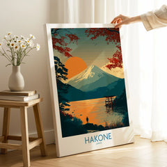 Hakone Japan Wall Art Lake Ashi Print - Japanese Spiritual Poster on stretched canvas with mirror-wrap edges, held by hand in a room setting