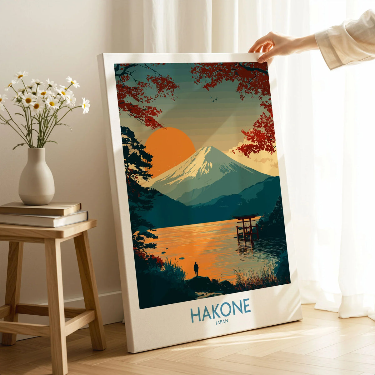 Hakone Japan Wall Art Lake Ashi Print - Japanese Spiritual Poster on stretched canvas with mirror-wrap edges, held by hand in a room setting