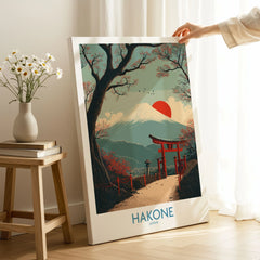 Hakone Japan Peace Gate Shrine Wall Art - Autumn Cherry Blossom Decor on stretched canvas with mirror-wrap edges, held by hand in a room setting