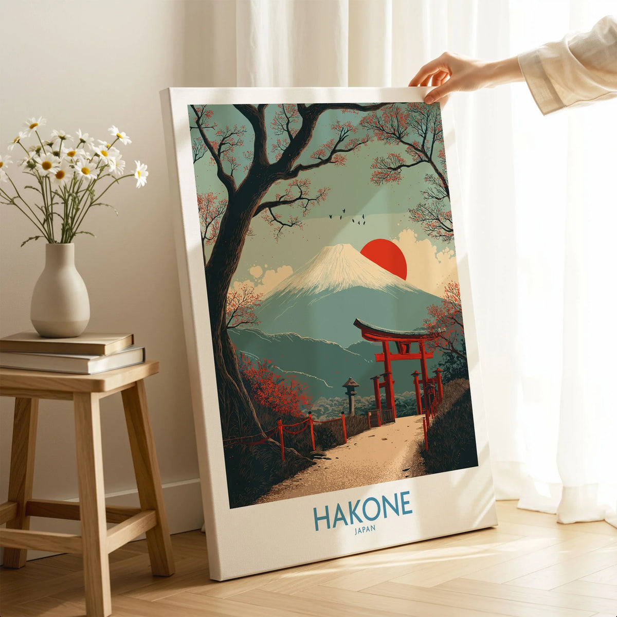 Hakone Japan Peace Gate Shrine Wall Art - Autumn Cherry Blossom Decor on stretched canvas with mirror-wrap edges, held by hand in a room setting