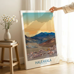 Haleakalā National Park Print, Hawaiian Volcano Poster, Sunset Wall Decor on stretched canvas with mirror-wrap edges, held by hand in a room setting