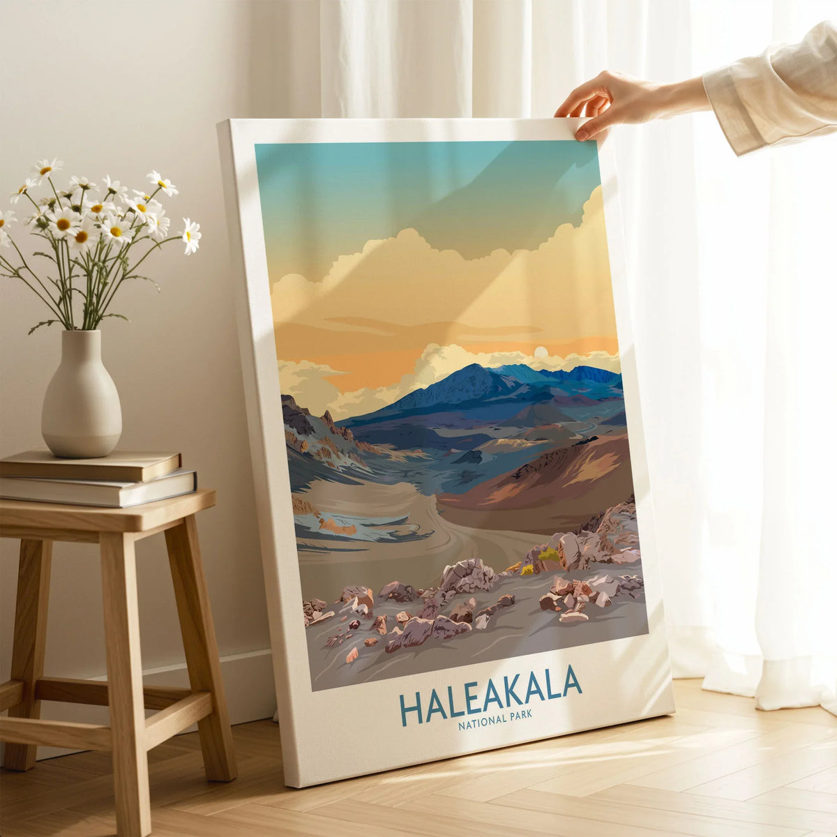 Haleakalā National Park Print, Hawaiian Volcano Poster, Sunset Wall Decor on stretched canvas with mirror-wrap edges, held by hand in a room setting
