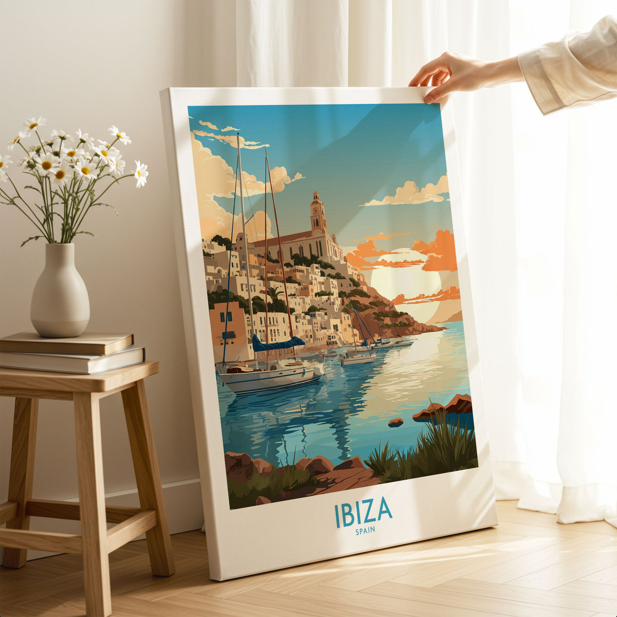 Ibiza Poster Print Modern on stretched canvas with mirror-wrap edges, held by hand in a room setting