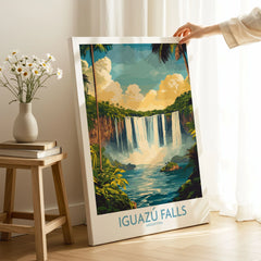 Iguazu Falls Wall Art Print on stretched canvas with mirror-wrap edges, held by hand in a room setting