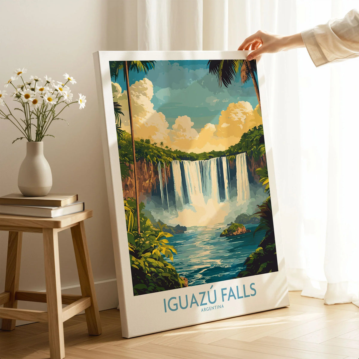 Iguazu Falls Wall Art Print on stretched canvas with mirror-wrap edges, held by hand in a room setting