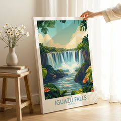 Iguazu Falls Poster Argentina on stretched canvas with mirror-wrap edges, held by hand in a room setting