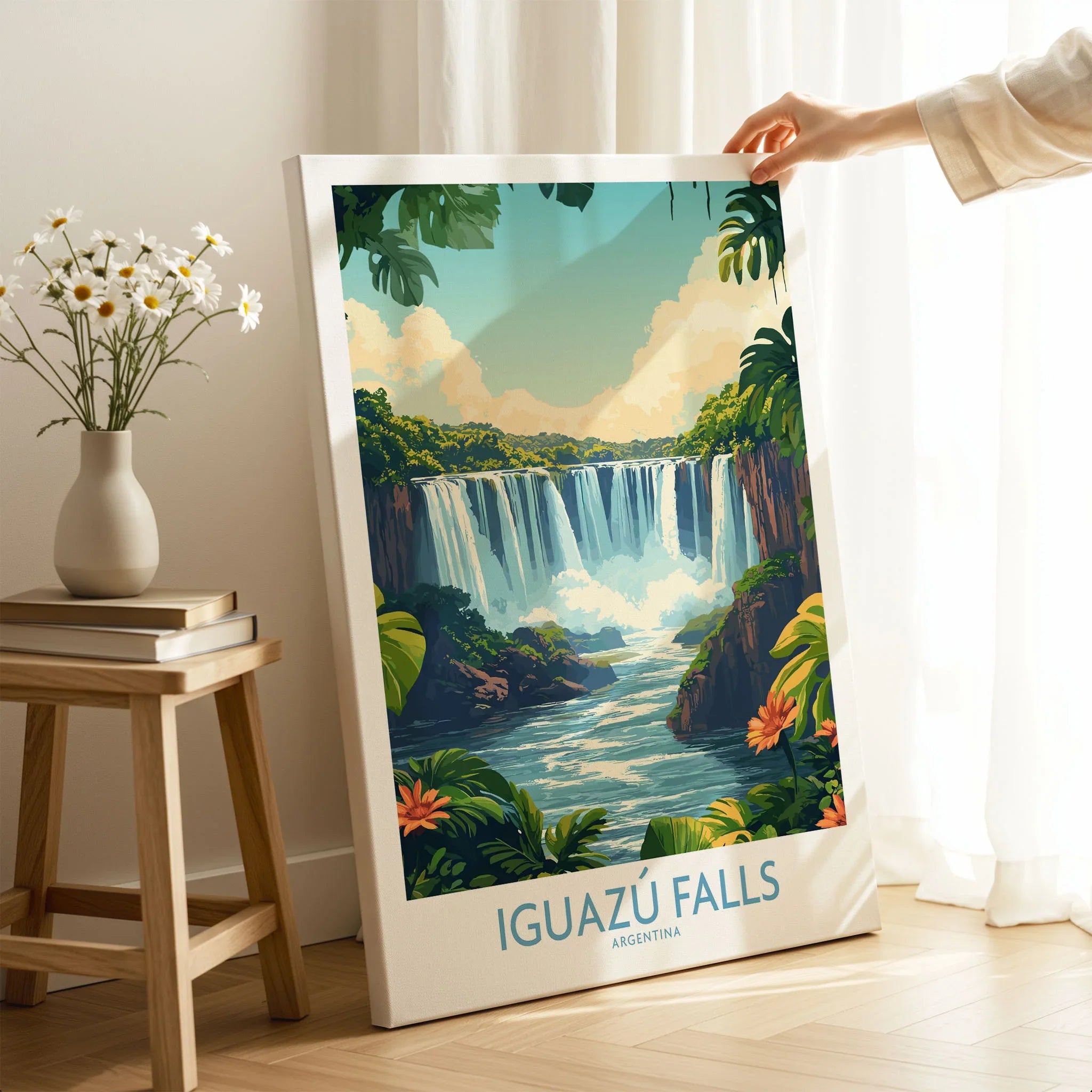 Iguazu Falls Poster Argentina on stretched canvas with mirror-wrap edges, held by hand in a room setting