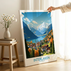 Interlaken Print on stretched canvas with mirror-wrap edges, held by hand in a room setting