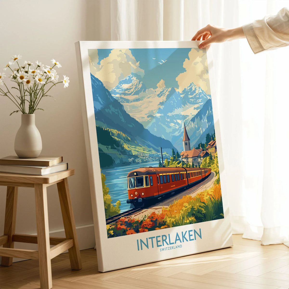 Interlaken Travel Poster on stretched canvas with mirror-wrap edges, held by hand in a room setting