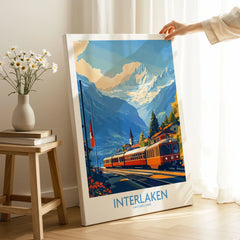 Interlaken Wall Art Print No. 2 on stretched canvas with mirror-wrap edges, held by hand in a room setting