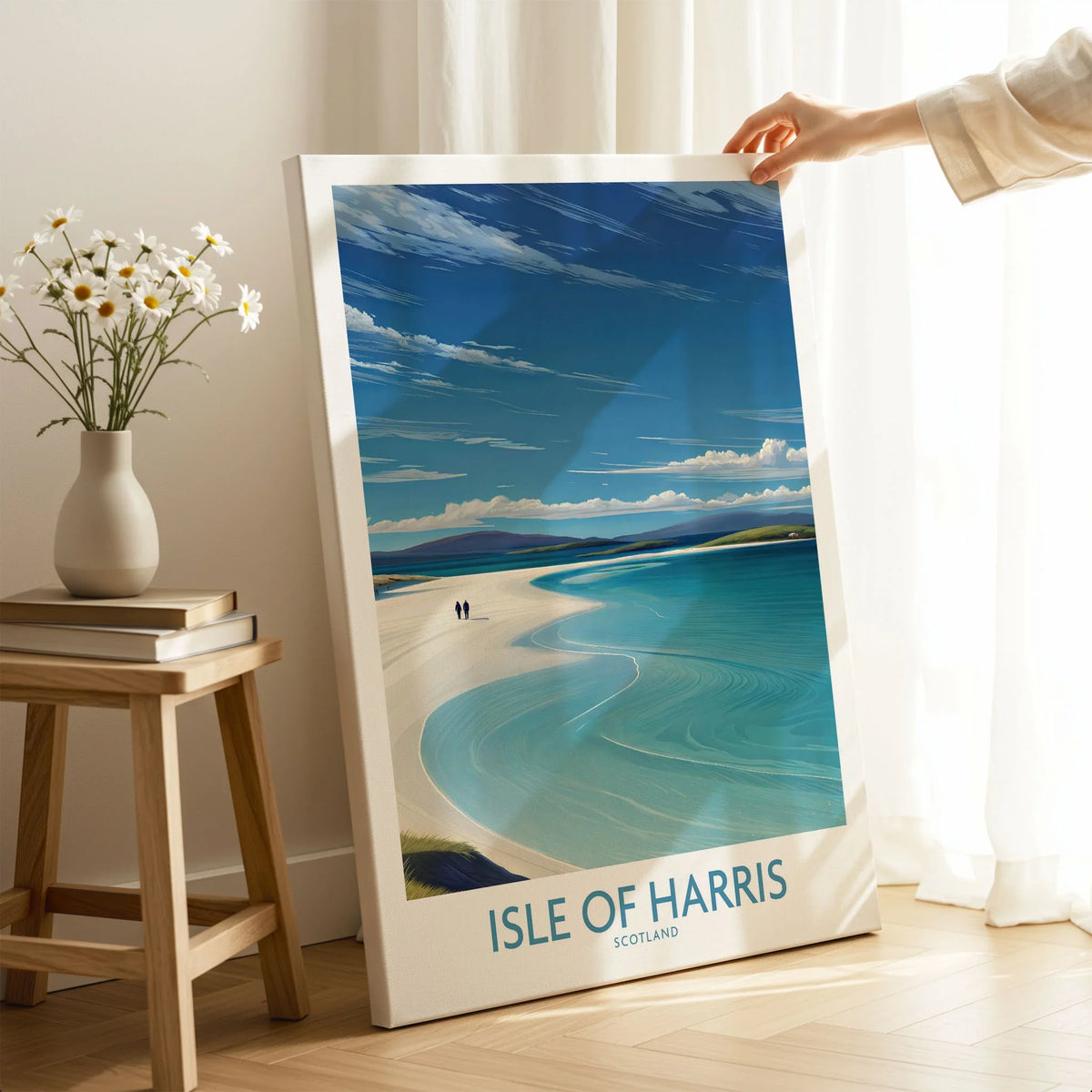 Isle of Harris Poster Scotland - Outer Hebrides Travel Print on stretched canvas with mirror-wrap edges, held by hand in a room setting