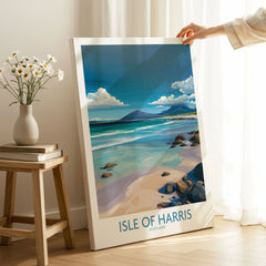 Isle of Harris Poster Scotland Clear Waters - Hebridean Seascape Decor on stretched canvas with mirror-wrap edges, held by hand in a room setting