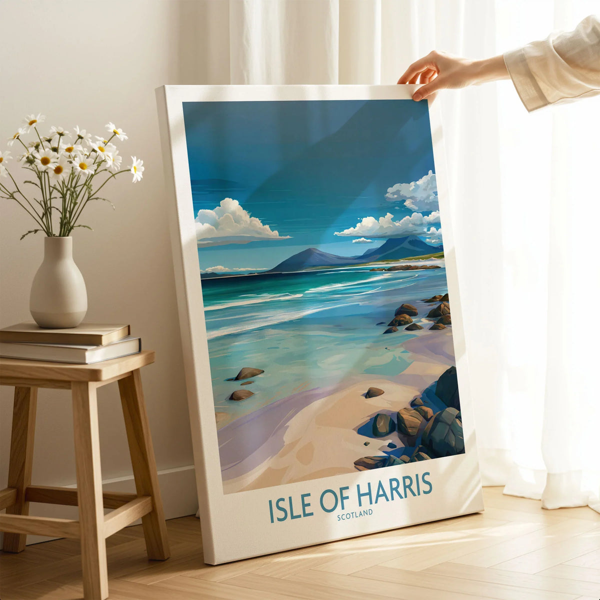 Isle of Harris Poster Scotland Clear Waters - Hebridean Seascape Decor on stretched canvas with mirror-wrap edges, held by hand in a room setting