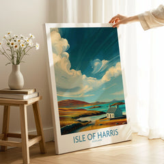 Isle of Harris Poster Scotland Dramatic Sky Seascape - Scottish Island Travel Decor on stretched canvas with mirror-wrap edges, held by hand in a room setting
