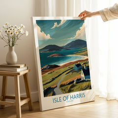 Isle of Harris Scotland Hebridean Landscape Poster - Remote Scottish Island Artwork on stretched canvas with mirror-wrap edges, held by hand in a room setting
