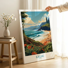 Kauai Travel Poster on stretched canvas with mirror-wrap edges, held by hand in a room setting