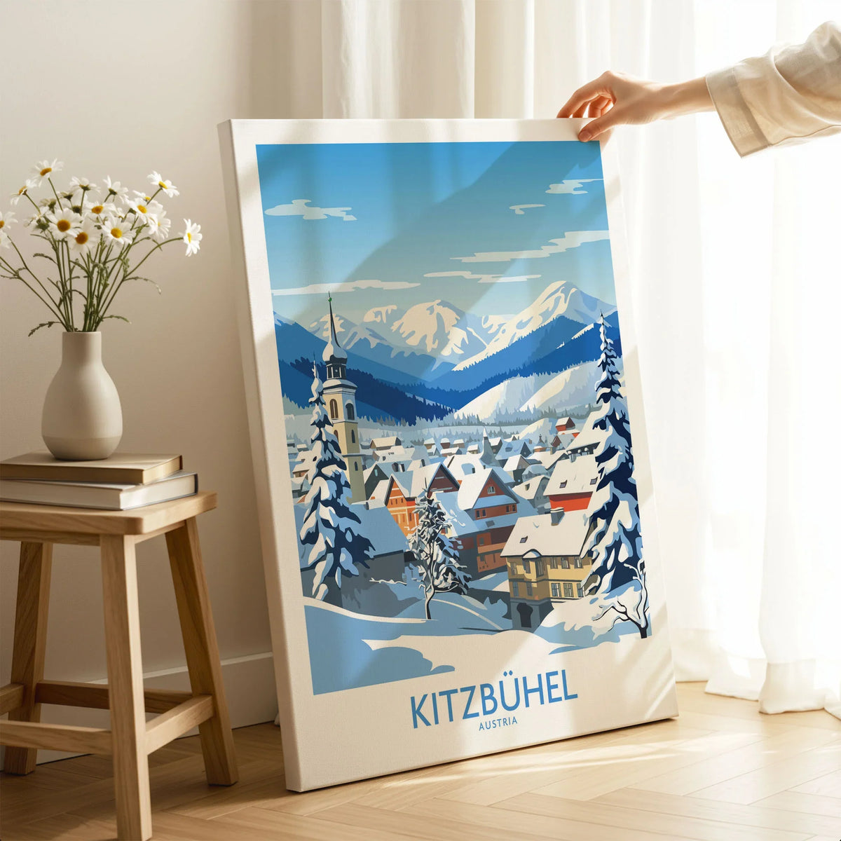 Kitzbuhel Austria Art Print on stretched canvas with mirror-wrap edges, held by hand in a room setting