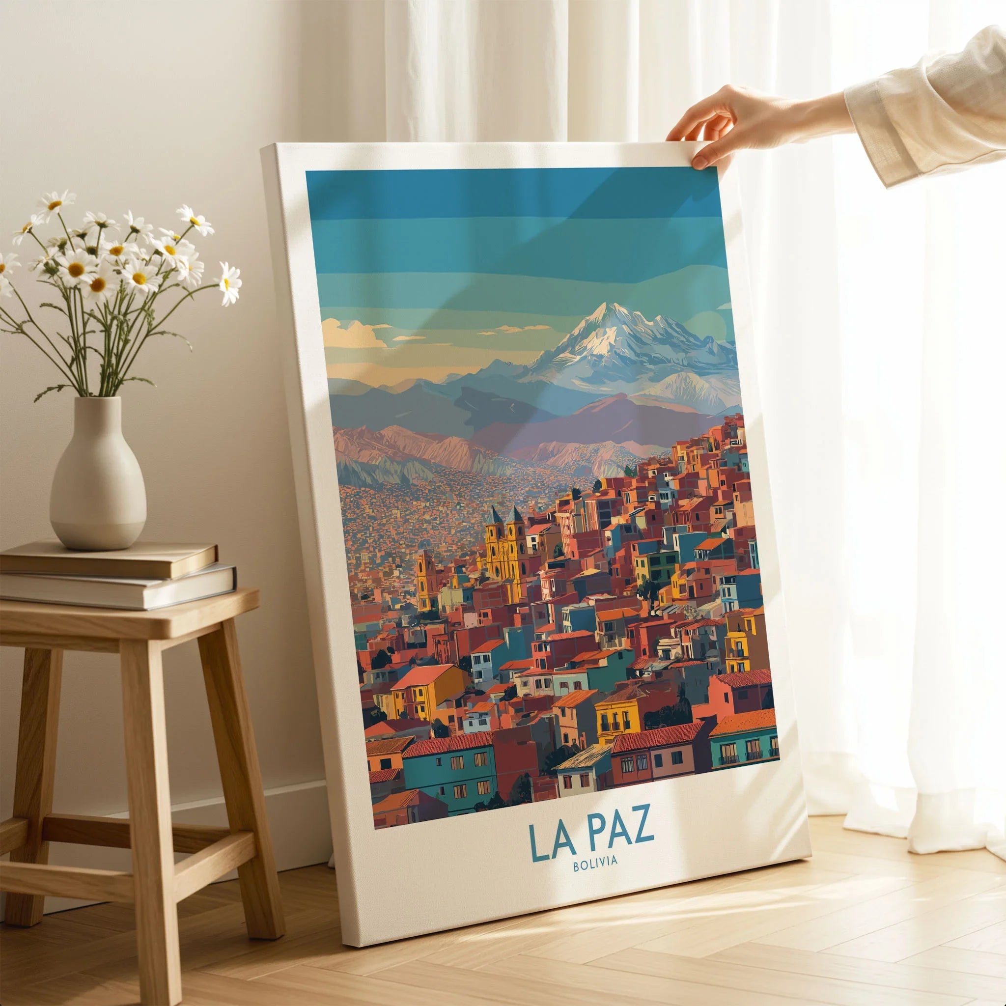 La Paz Bolivia Urban Landscape Wall Art - South American City Print on stretched canvas with mirror-wrap edges, held by hand in a room setting