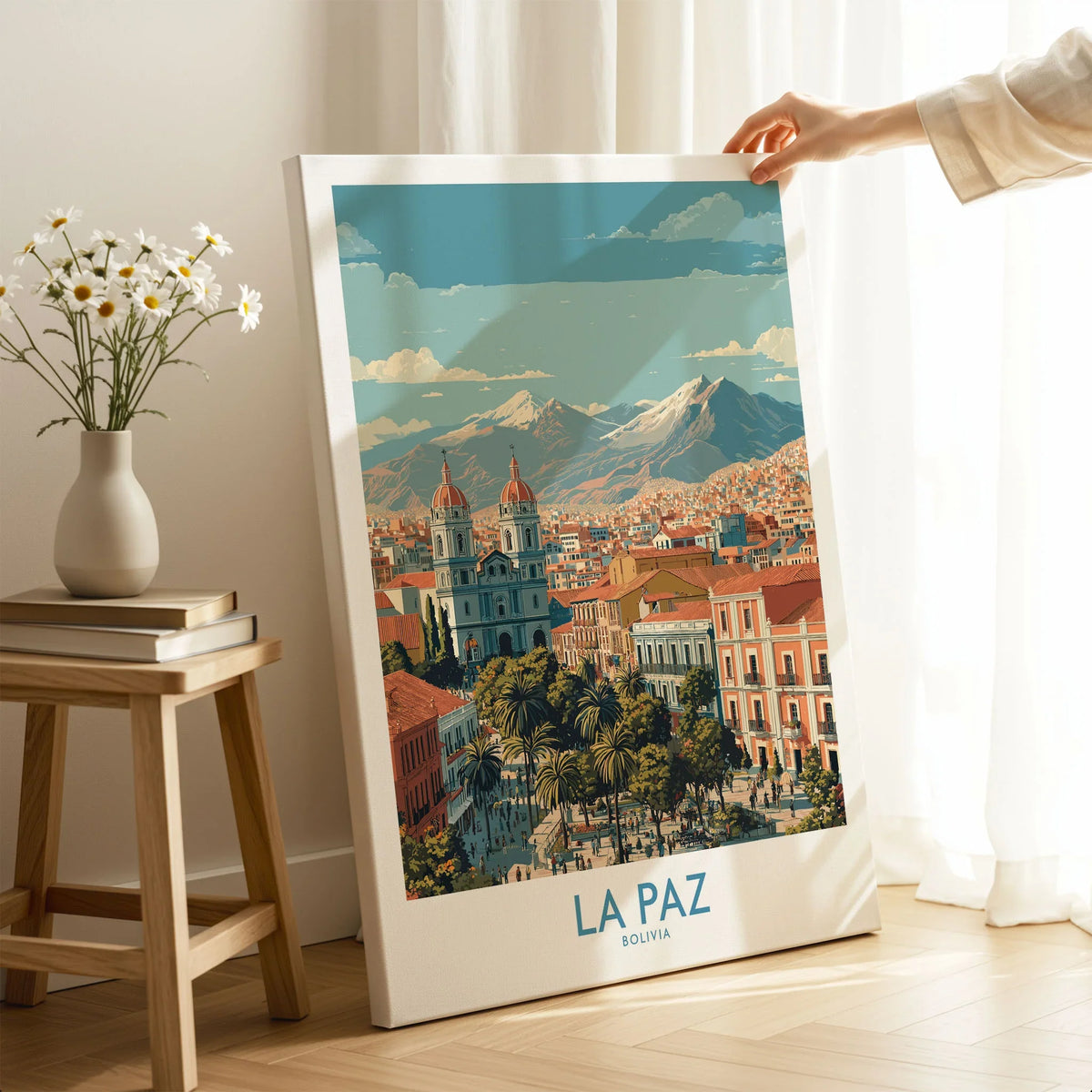 La Paz Bolivia Wall Art Poster - Bolivian Capital Travel Decor on stretched canvas with mirror-wrap edges, held by hand in a room setting
