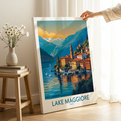 Lake Maggiore Italy Poster on stretched canvas with mirror-wrap edges, held by hand in a room setting