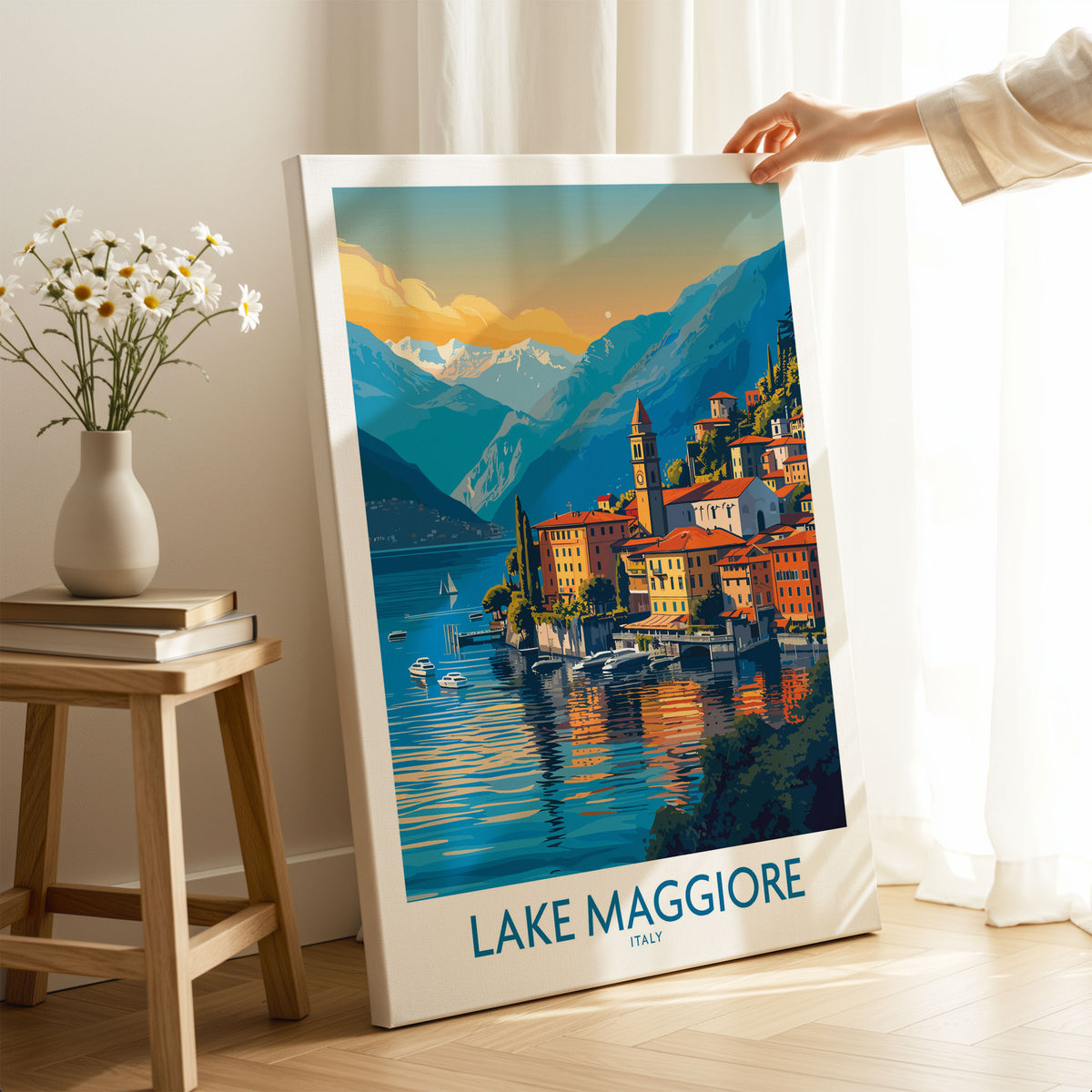 Lake Maggiore Italy Poster on stretched canvas with mirror-wrap edges, held by hand in a room setting