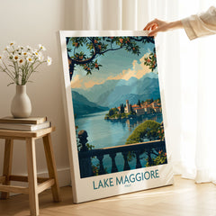 Lake Maggiore Poster Italy on stretched canvas with mirror-wrap edges, held by hand in a room setting