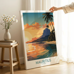 Le Morne Mauritius Wall Art on stretched canvas with mirror-wrap edges, held by hand in a room setting