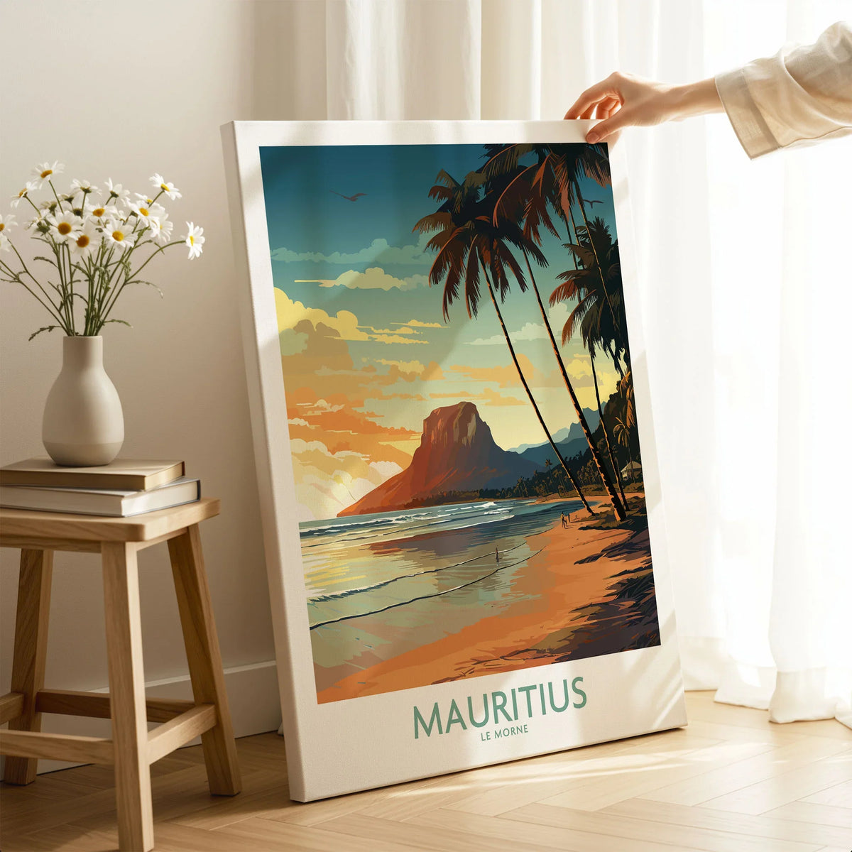 Mauritius Le Morne Print on stretched canvas with mirror-wrap edges, held by hand in a room setting