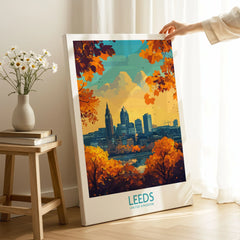 Leeds Travel Poster - United Kingdom on stretched canvas with mirror-wrap edges, held by hand in a room setting
