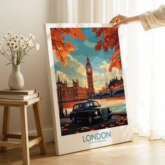 London Wall Art Print - Modern on stretched canvas with mirror-wrap edges, held by hand in a room setting