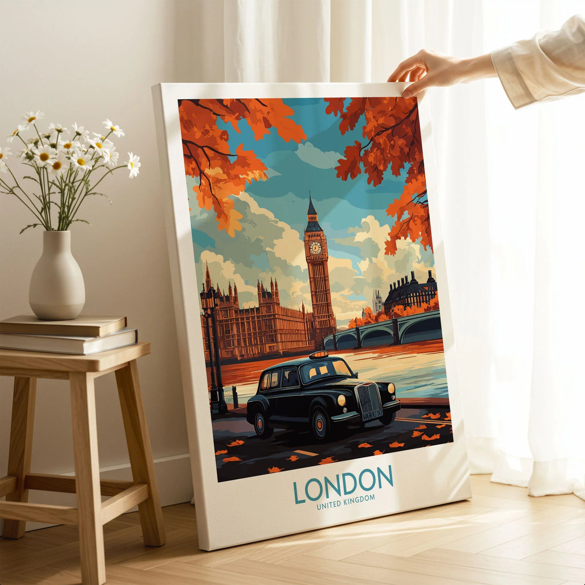 London Wall Art Print - Modern on stretched canvas with mirror-wrap edges, held by hand in a room setting