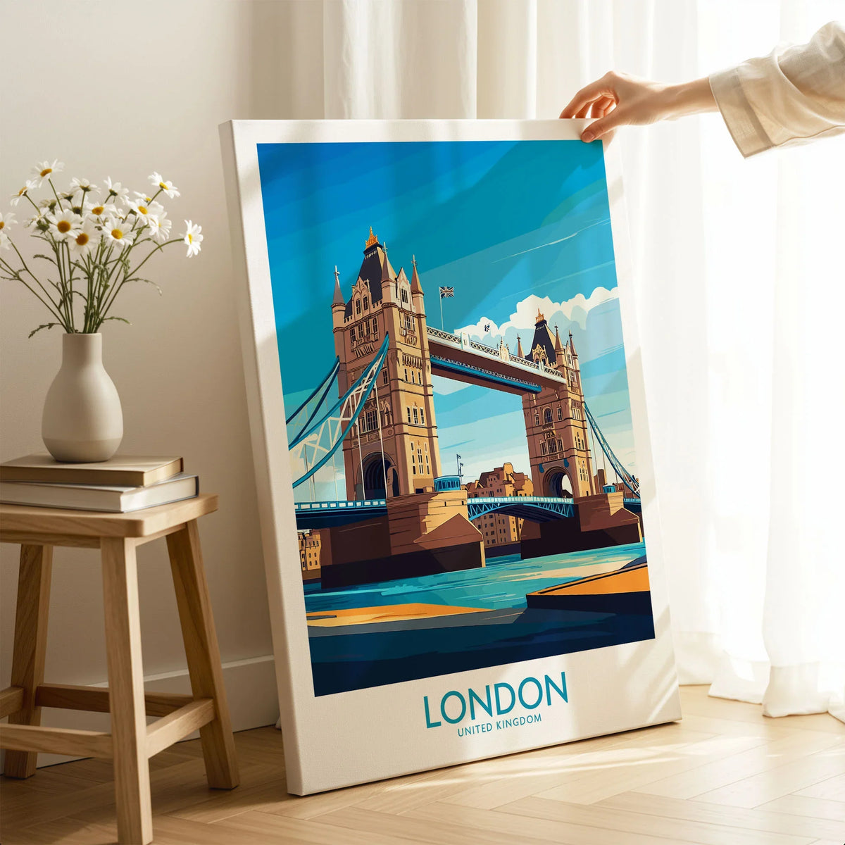 London Poster England on stretched canvas with mirror-wrap edges, held by hand in a room setting