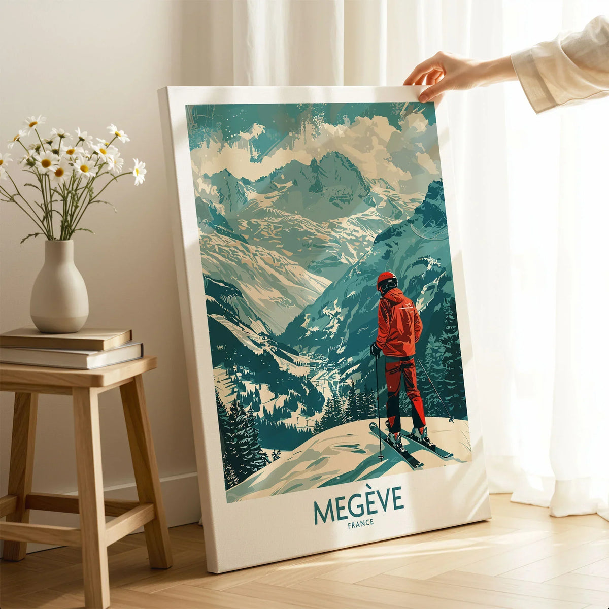 Megève Wall Art - France on stretched canvas with mirror-wrap edges, held by hand in a room setting