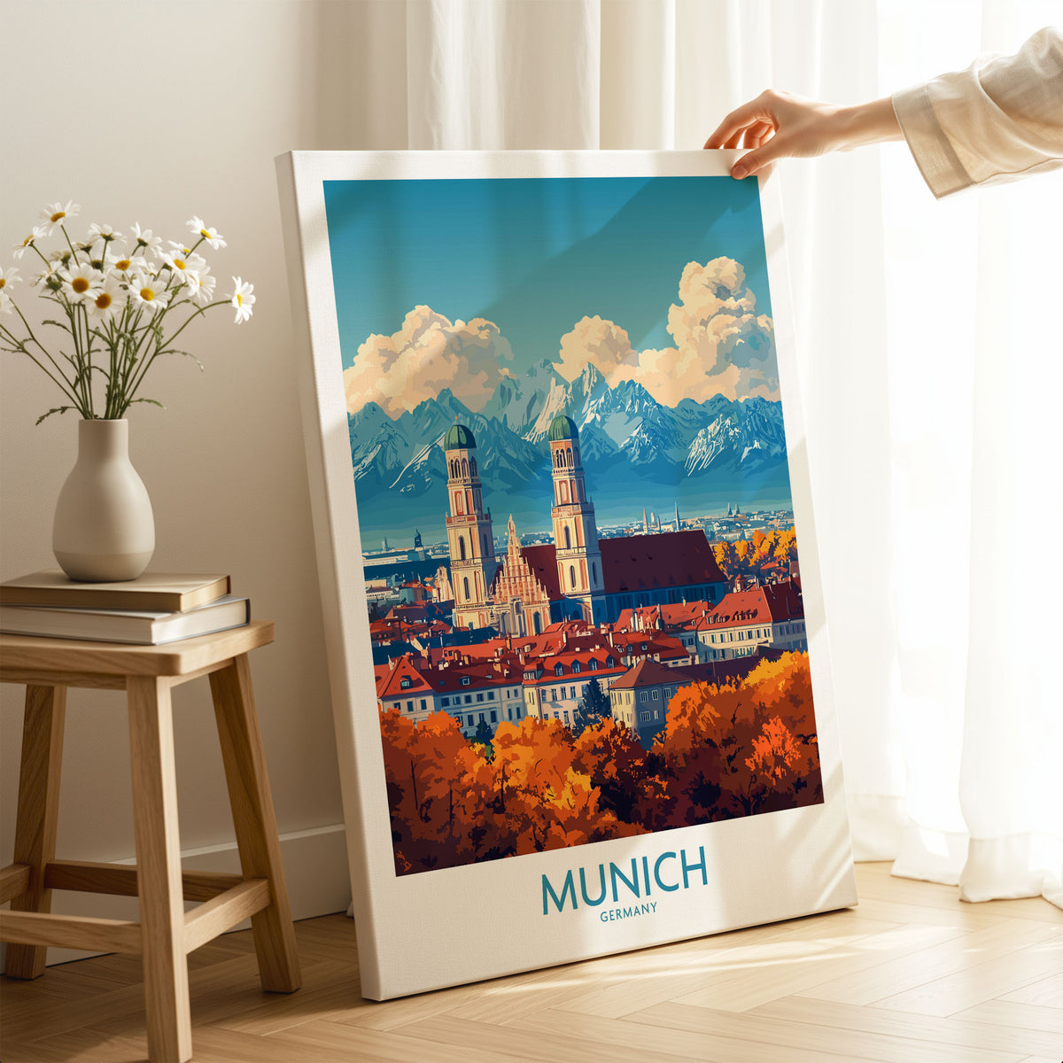 Munich Travel Poster on stretched canvas with mirror-wrap edges, held by hand in a room setting