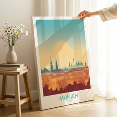 Munich Print Germany on stretched canvas with mirror-wrap edges, held by hand in a room setting