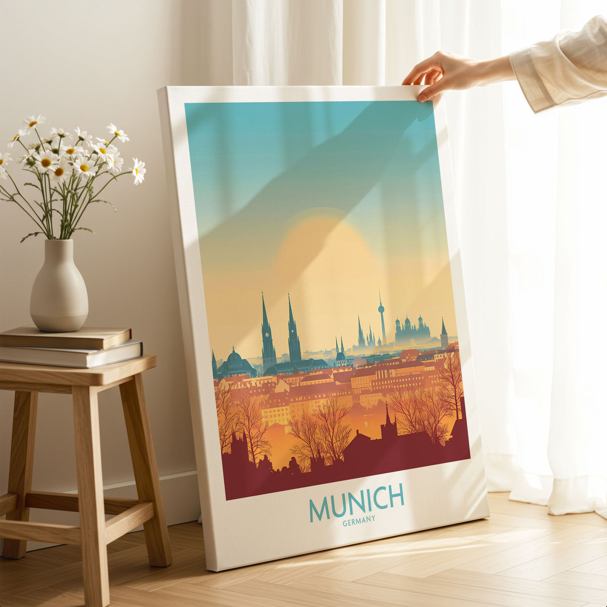 Munich Print Germany on stretched canvas with mirror-wrap edges, held by hand in a room setting