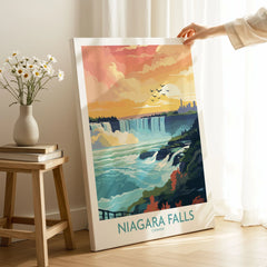 Niagara Falls Poster on stretched canvas with mirror-wrap edges, held by hand in a room setting